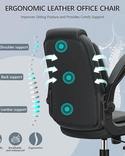 Office Chair Ergonomic Computer Desk Chair, Executive Leather Office Chair with Adjustable Flip-up Armrests Height, Swivel Task Chair with Lumbar Support Rocking Function for Home Office(Black) - LeafyLoom