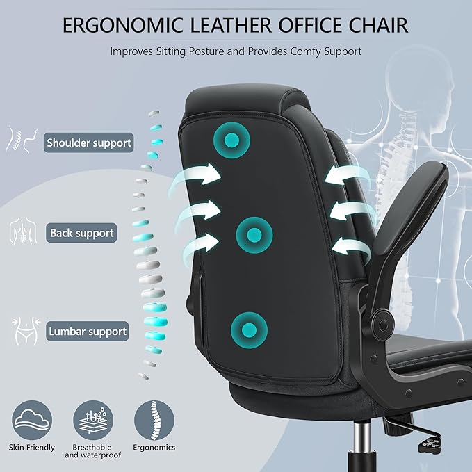 Office Chair Ergonomic Computer Desk Chair, Executive Leather Office Chair with Adjustable Flip-up Armrests Height, Swivel Task Chair with Lumbar Support Rocking Function for Home Office(Black) - LeafyLoom