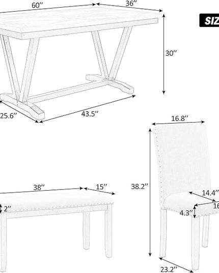 RITSU Contemporary 6-Piece Solid Wood Dining Table Set with 4 Upholstered Chairs and 1 Bench W/Marble Veneer & V-Shaped Legs, Suitable for Living Room, Kitchen White, 60inch - LeafyLoom