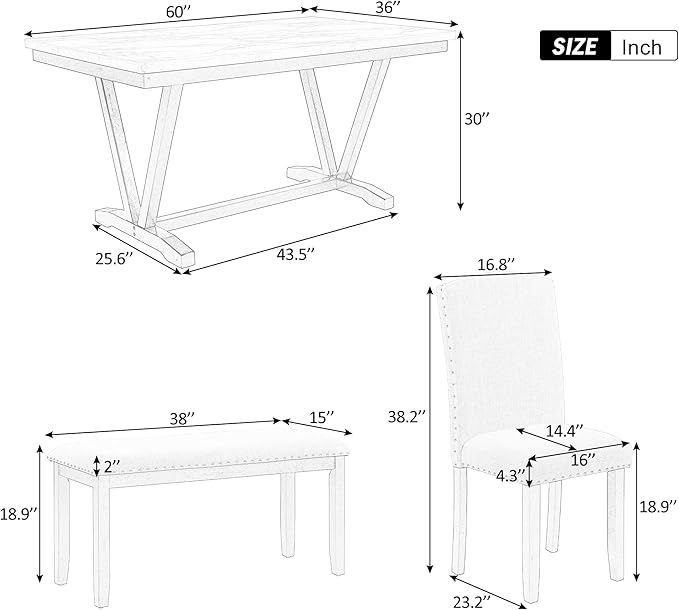 RITSU Contemporary 6-Piece Solid Wood Dining Table Set with 4 Upholstered Chairs and 1 Bench W/Marble Veneer & V-Shaped Legs, Suitable for Living Room, Kitchen White, 60inch - LeafyLoom