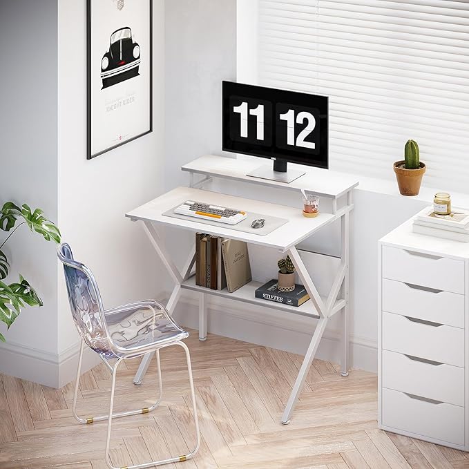 ODK Small Computer Desk, 27.5 inch Desk for Small Spaces with Storage, Compact Table with Monitor & Storage Shelves for Home Office, Modern Style Laptop Desk, Pure White - LeafyLoom
