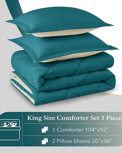 downluxe King Size Comforter Set - Teal Blue and White King Comforter, Soft Bedding Sets for All Seasons -3 Pieces - 1 Comforter (104"x92") and 2 Pillow Shams(20"x36") - LeafyLoom