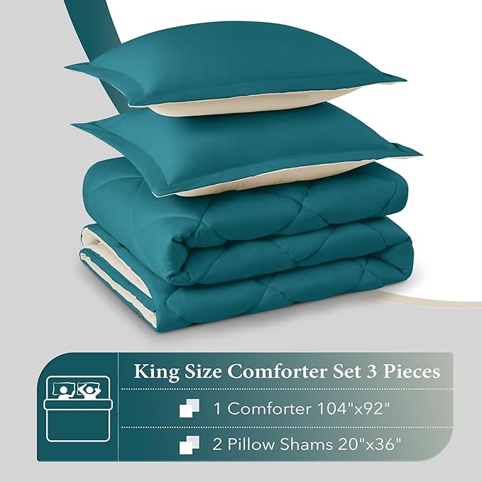 downluxe King Size Comforter Set - Teal Blue and White King Comforter, Soft Bedding Sets for All Seasons -3 Pieces - 1 Comforter (104"x92") and 2 Pillow Shams(20"x36") - LeafyLoom