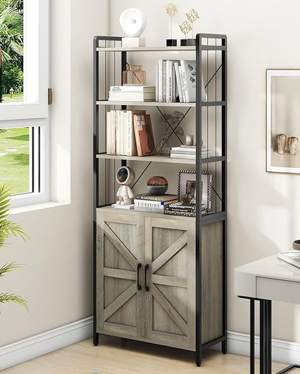 𝐇𝐚𝐥𝐢𝐭𝐚𝐚 Bookshelf and Bookcases with Doors Gray 6 Shelf Display Storage Shelves Tall Bookshelf Versatile Organizer Storage Cabinet Home Decor Furniture for Home Office, Study, Living Room - LeafyLoom