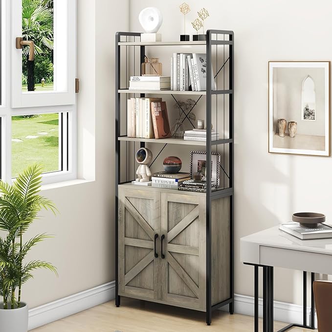 𝐇𝐚𝐥𝐢𝐭𝐚𝐚 Bookshelf and Bookcases with Doors Gray 6 Shelf Display Storage Shelves Tall Bookshelf Versatile Organizer Storage Cabinet Home Decor Furniture for Home Office, Study, Living Room - LeafyLoom