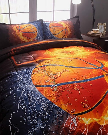 Btargot Twin Basketball and Fire Quilt Set Bedding Sets, 3D Sports Themed Bedding, All-Season Reversible Quilted Duvet, for Children Boy Girl Teen Kids - includes 1 Comforter, 2 Pillow Sham - LeafyLoom