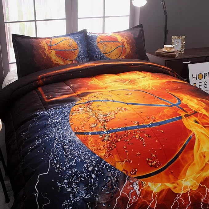 Btargot Twin Basketball and Fire Quilt Set Bedding Sets, 3D Sports Themed Bedding, All-Season Reversible Quilted Duvet, for Children Boy Girl Teen Kids - includes 1 Comforter, 2 Pillow Sham - LeafyLoom
