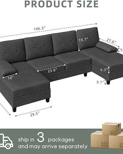 Shintenchi Sectional Couches for Living Room, U Shaped Sofa Couch with Double Chaise, 4-Seat Living Room Furniture Sets with Soft Cushion & Linen Fabric, Black - LeafyLoom
