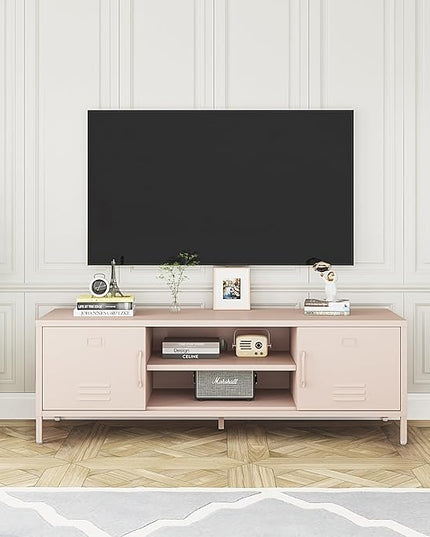 TV Stand for 55 60 inch TV, Metal TV Cabinet Modern Mid Century Entertainment Center with Storage, TV Industrial Media Console Table 2 Cabinet for Living Room, Bedroom, Office (Pink) - LeafyLoom