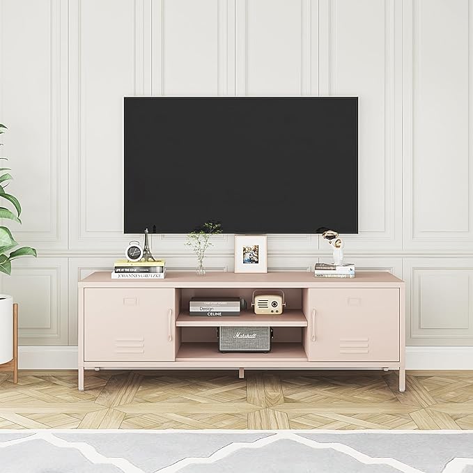 TV Stand for 55 60 inch TV, Metal TV Cabinet Modern Mid Century Entertainment Center with Storage, TV Industrial Media Console Table 2 Cabinet for Living Room, Bedroom, Office (Pink) - LeafyLoom