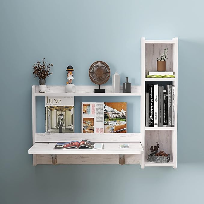 Pmnianhua Floating Desk,41'' Wall Mounted Desk Fold Down Laptop Desk Folding Space Saving Table Workstation with Storage Shelves for Bedroom Study Room Small Space (Off White-Right) - LeafyLoom