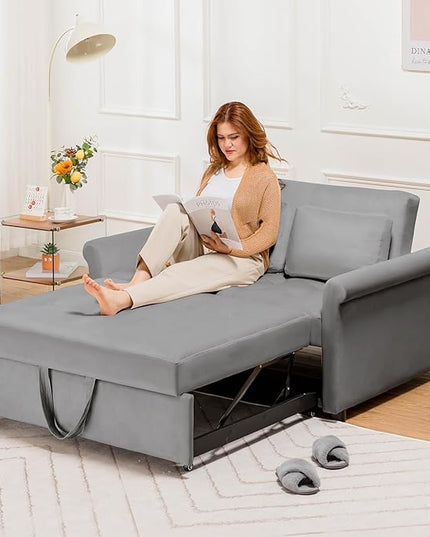 COMHOMA 55" Sleeper Sofa Bed, 3-in-1 Pull Out Couch with Adjustable Backrest and Pillows, Convertible Sleeper Couch for Living Room and Office (Grey) - LeafyLoom