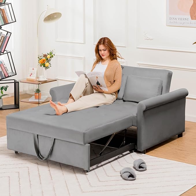 COMHOMA 55" Sleeper Sofa Bed, 3-in-1 Pull Out Couch with Adjustable Backrest and Pillows, Convertible Sleeper Couch for Living Room and Office (Grey) - LeafyLoom