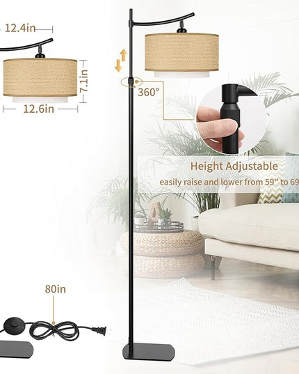 Arc Boho Farmhouse Black Floor Lamp, Standing Lamp with Rattan & Fabric Double Shade with Remote Control, Dimmable LED Bulb with 6 Color Temperature, Tall Pole for Living Room Bedroom Corner Office - LeafyLoom