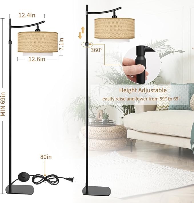 Arc Boho Farmhouse Black Floor Lamp, Standing Lamp with Rattan & Fabric Double Shade with Remote Control, Dimmable LED Bulb with 6 Color Temperature, Tall Pole for Living Room Bedroom Corner Office - LeafyLoom