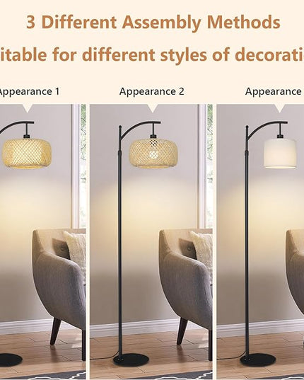 Arc Floor Lamps, Bamboo Floor Lamp with Remote & Dimmable LED Bulb, Boho Rattan Pole Lamps with Bamboo & Fabric Shades, Rustic Standing Lamps for Living Room Bedroom Tall Reading Light - LeafyLoom