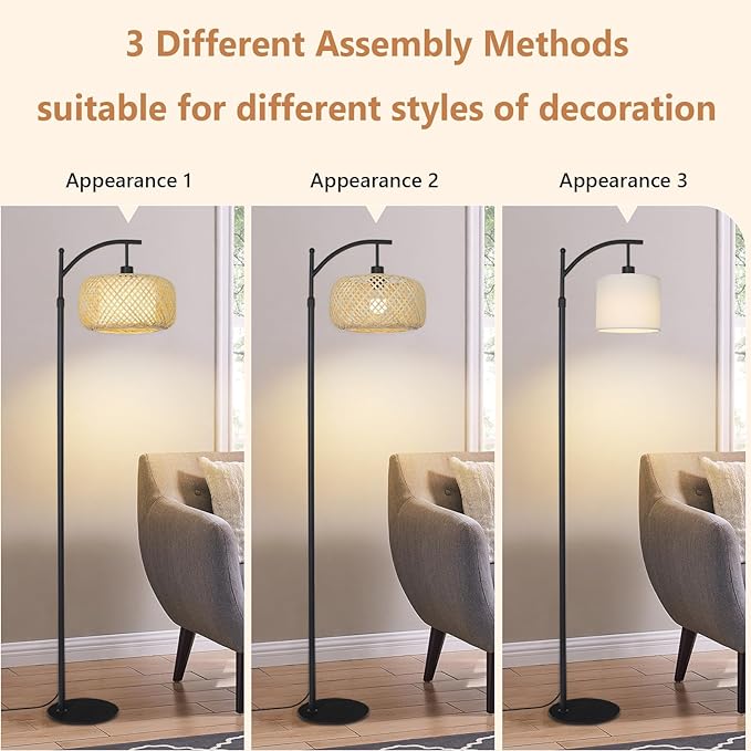 Arc Floor Lamps, Bamboo Floor Lamp with Remote & Dimmable LED Bulb, Boho Rattan Pole Lamps with Bamboo & Fabric Shades, Rustic Standing Lamps for Living Room Bedroom Tall Reading Light - LeafyLoom