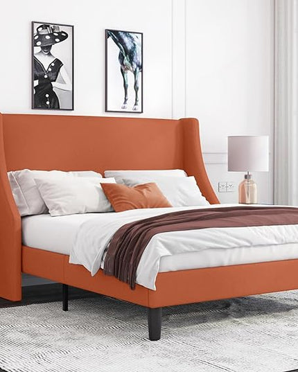 Allewie Queen Bed Frame, Platform Bed Frame Queen Size with Upholstered Headboard, Modern Deluxe Wingback, Wood Slat Support, Mattress Foundation, Burnt Orange - LeafyLoom