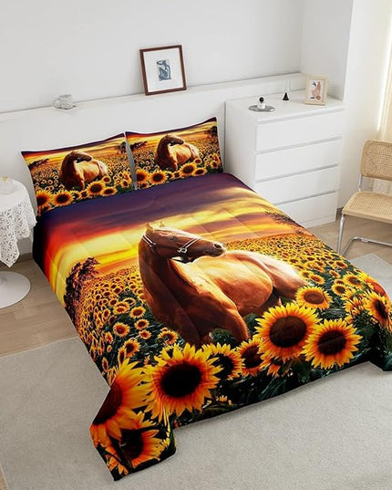Erosebridal Brown Horse Comforter Set King Size for Kids Adult Teens Farmhouse Decor Sunflower Bedding with Sunset, Cowboys 3D Wild Animal Horse Print Quilt Rustic Style Cowgirls Down Comforter - LeafyLoom
