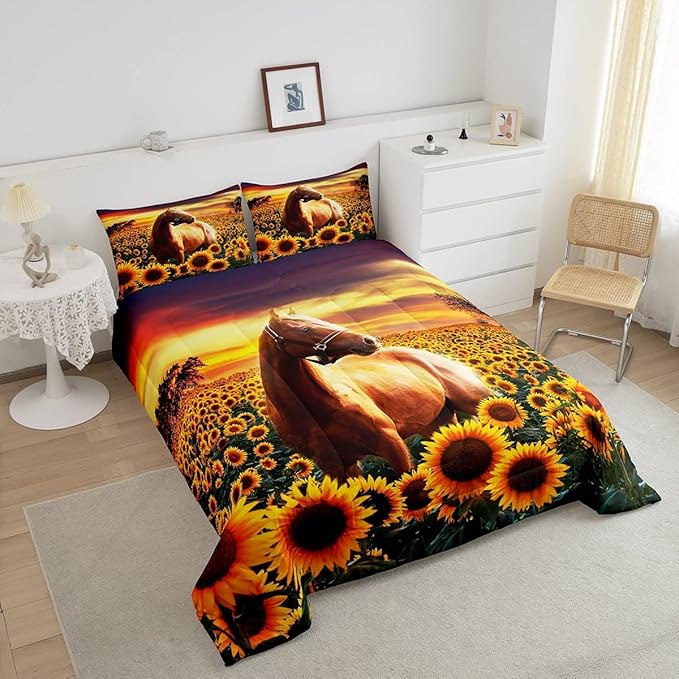 Erosebridal Brown Horse Comforter Set King Size for Kids Adult Teens Farmhouse Decor Sunflower Bedding with Sunset, Cowboys 3D Wild Animal Horse Print Quilt Rustic Style Cowgirls Down Comforter - LeafyLoom