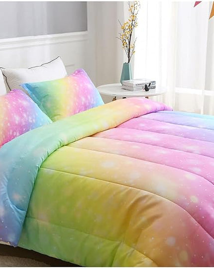 Girls Unicorn Bedding Set 3 Piece Rainbow Comforter Set for Teen Girls Adults with Sparkle Stars Soft Bedding Sets Machine Washable, Multi, Queen - LeafyLoom