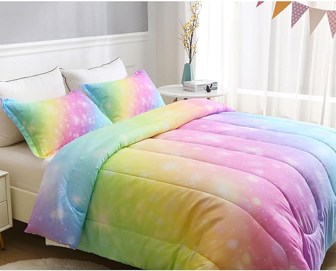 Girls Unicorn Bedding Set 3 Piece Rainbow Comforter Set for Teen Girls Adults with Sparkle Stars Soft Bedding Sets Machine Washable, Multi, Twin - LeafyLoom