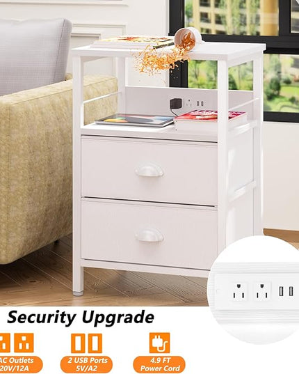 Furologee Nightstands Set of 2, End Tables with Charging Station and USB Ports, Side Tables with 2 Fabric Drawers, Night Stands with Storage Shelf & 2 Hooks, for Living Room/Bedroom, White - LeafyLoom
