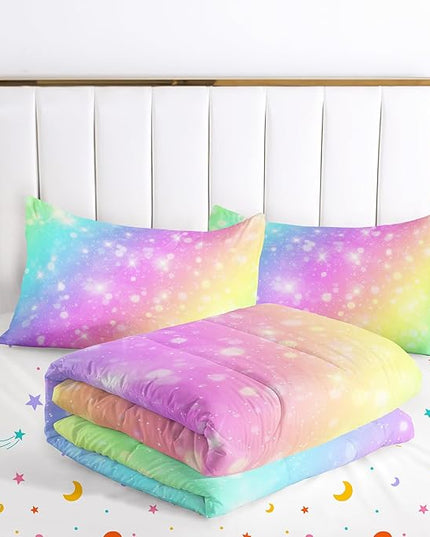 Rainbow Comforter Set 5 pcs Full,Pink Bedding,Bed in A Bag 5 pcs Rainbow Comforter,Kids Princess Comforter Set Full,Rainbow Bedding for Teen Girls Adults - LeafyLoom