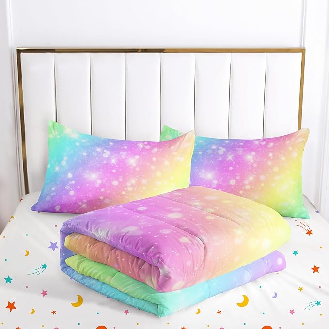 Rainbow Comforter Set 5 pcs Full,Pink Bedding,Bed in A Bag 5 pcs Rainbow Comforter,Kids Princess Comforter Set Full,Rainbow Bedding for Teen Girls Adults - LeafyLoom