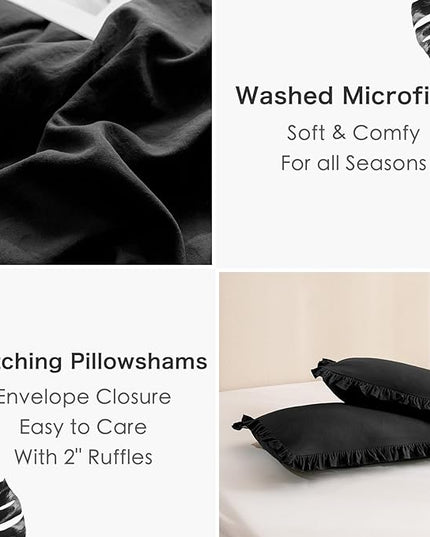 Black Ruffled Comforter Set Queen,Farmhouse Shabby Boho Chic Bedding,Ultra Soft Fluffy Ruffle Bed Comforter Set 3-Piece (1 Ruffle Comforter+2 Pillow Shams) - LeafyLoom