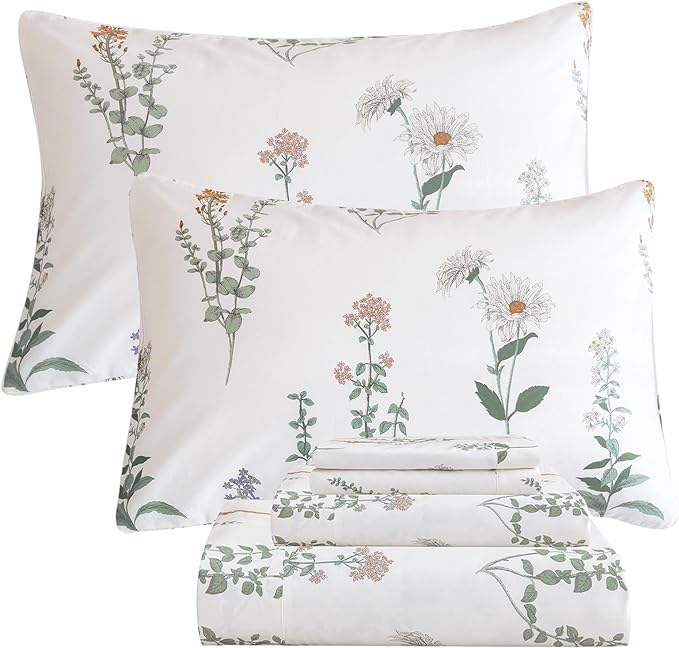QSH Floral Queen Size Sheet Sets - 100% Egyptian Cotton Sheets Elegant Flower Pattern Printed Bedding Sheets Queen Size Bed Extra Soft and Breathable 4pcs Deep Pockets Bed Sheets - LeafyLoom
