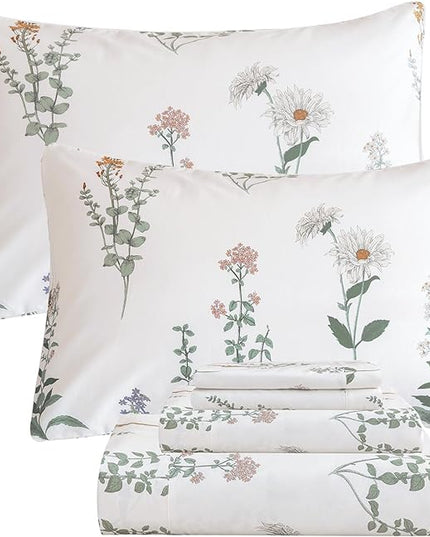QSH Floral King Size Sheet Sets - 100% Egyptian Cotton Floral Bedding Sheets Flower Pattern Printed Bedding King Size Bed Sheets 17.5" Extra Deep Pocket 4pcs - LeafyLoom