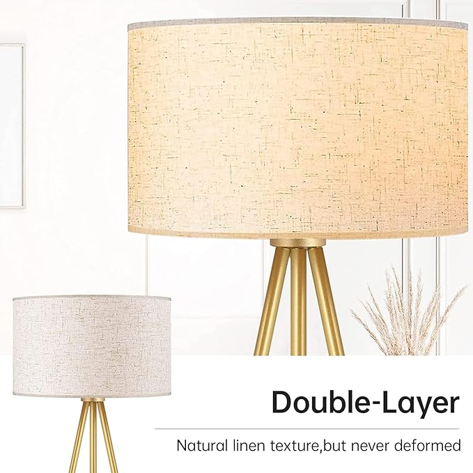 BoostArea Floor Lamp for Living Room, Tripod Floor Lamp, 15W LED Bulb, 3 Levels Dimmable Brightness, Linen Lamp Shade, Mid Century Standing Lamp for Living Room, Bedroom, Study Room and Office(Gold) - LeafyLoom