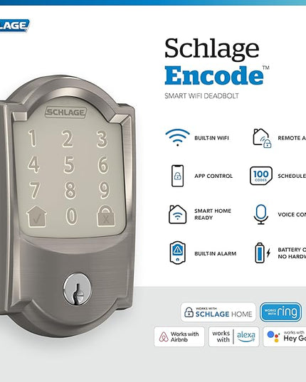 SCHLAGE Encode Smart Wi-Fi Deadbolt with Camelot Trim in Satin Nickel SchlageLockCompany