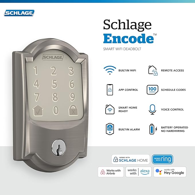 SCHLAGE Encode Smart Wi-Fi Deadbolt with Camelot Trim in Satin Nickel SchlageLockCompany
