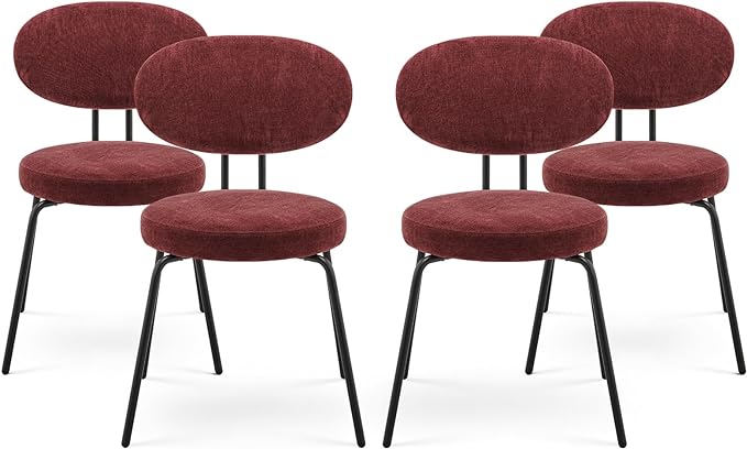 COLAMY Upholstered Fabric Dining Chairs Set of 4, Modern Dining Room Kitchen Side Chairs with Round Seat, Curved Backrest, Metal Legs, Red - LeafyLoom