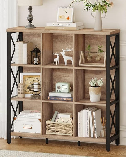 FATORRI 9 Cube Storage Bookshelf, Industrial 4 Shelf Book Shelf, Farmhouse Wood and Metal Cubby Bookcase for Home Office (39.37" W, Rustic Oak) - LeafyLoom