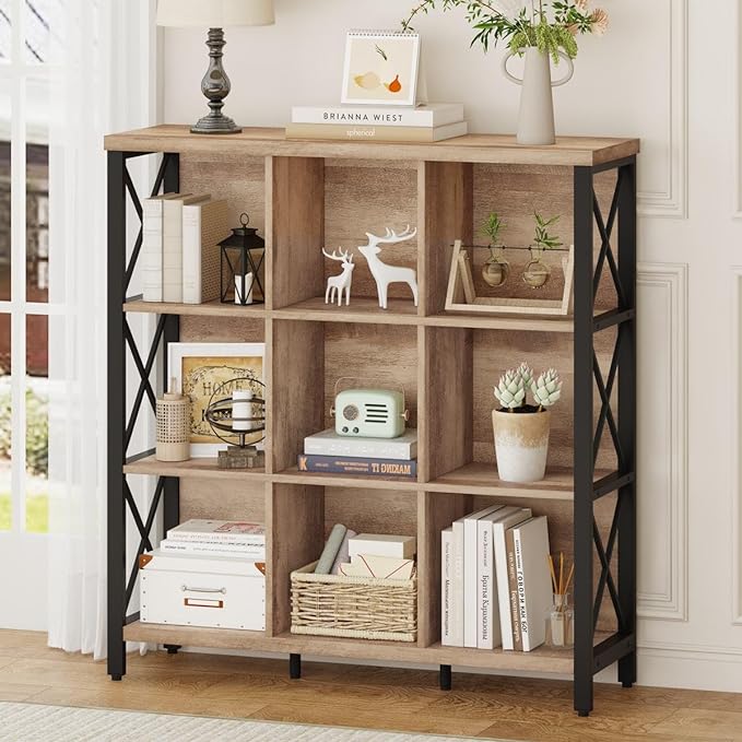 FATORRI 9 Cube Storage Bookshelf, Industrial 4 Shelf Book Shelf, Farmhouse Wood and Metal Cubby Bookcase for Home Office (39.37" W, Rustic Oak) - LeafyLoom