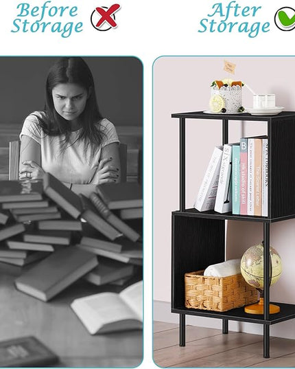 ETELI 3 Tier Small Bookshelf Black Book Shelf for Small Spaces S Shaped Bookcase Organizer for Office, Kids, Living Room Bedroom Home Corner - LeafyLoom