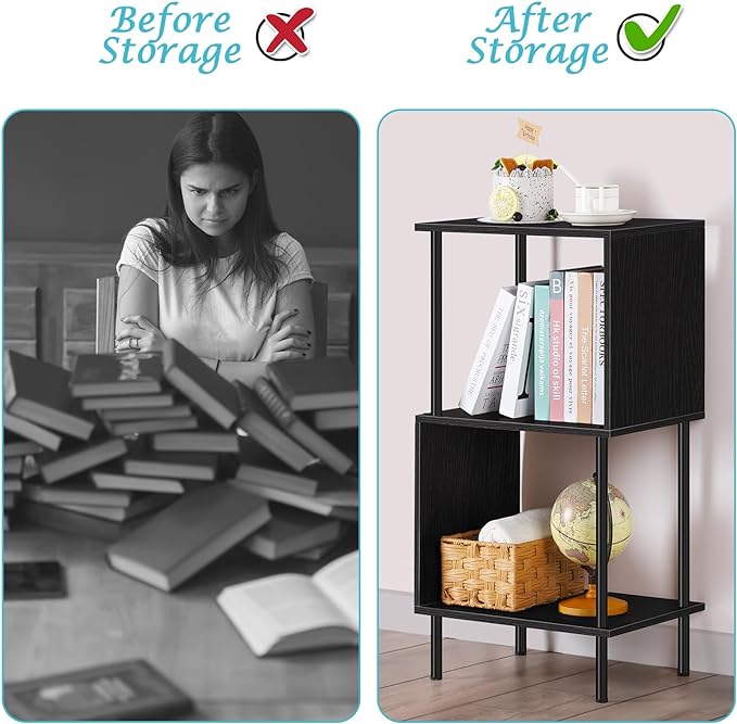ETELI 3 Tier Small Bookshelf Black Book Shelf for Small Spaces S Shaped Bookcase Organizer for Office, Kids, Living Room Bedroom Home Corner - LeafyLoom