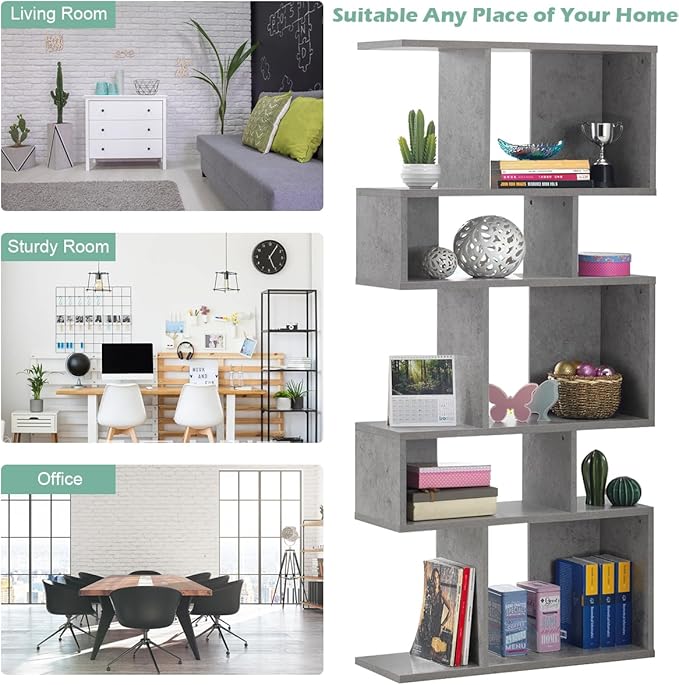 Giantex 5-Tier Geometric Bookshelf Set of 2, 70'' Tall Wood Freestanding Decorative Display Open Shelves with Anti-Tipping Device, Each Shelf Holds up to 44 lbs, Wooden S Shaped Bookcase, Gray - LeafyLoom