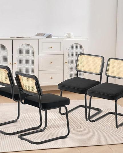 VEVOR Rattan Dining Chairs Set of 4, Mid Century Modern Dining Chair, Upholstered Velvet Accent Chair with Rattan Back, Retro Dining Room Kitchen Chair for Living Room, Bedroom, Office (18.1 Inch) - LeafyLoom