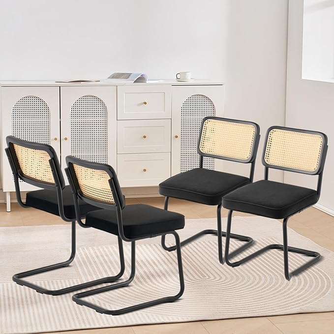 VEVOR Rattan Dining Chairs Set of 4, Mid Century Modern Dining Chair, Upholstered Velvet Accent Chair with Rattan Back, Retro Dining Room Kitchen Chair for Living Room, Bedroom, Office (18.1 Inch) - LeafyLoom