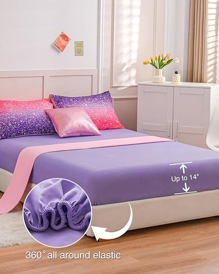 A Nice Night Girls Comforter Set Full 6 Piece Bed in A Bag 3D Colorful Sparkle Galaxy Rainbow Bedding Comforter Sheet Sets for Kids,RedPurple - LeafyLoom