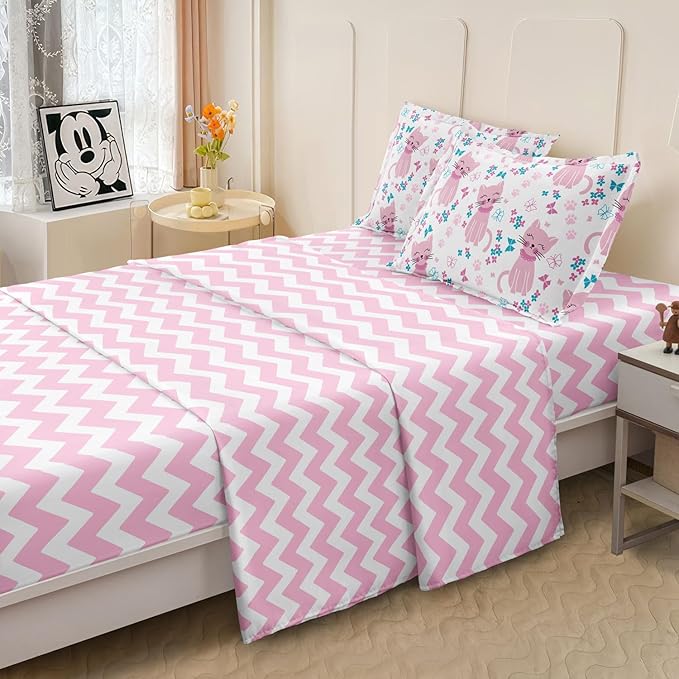 Kids Cat Bedding Twin Size Bed in a Bag, Cute Pink Animal Comforter Set for Teen Girls Bedroom Decor, Kawaii Floral Butterfly Bedding Sets & Collections - LeafyLoom