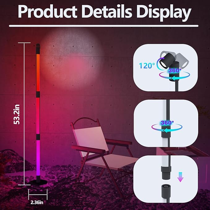 Sinvitron 360°Rotating Led Floor Lamp with Spotlight,16 Million DIY Colors,Music Sync & 213 Dynamic Mode, RGBW LED Corner Lights with App&Remote for Bedroom Living Room Gaming Room - LeafyLoom