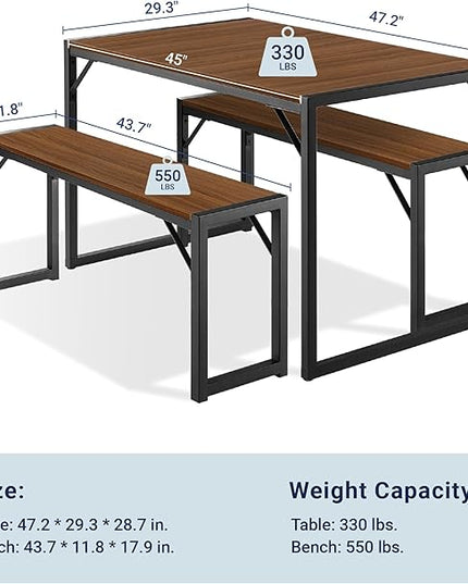 Allewie 3-Piece Kitchen Dining Table Sets with Benches, Sturdy Triangle Structure, Space-Saving, Multifunctional for Dining Room/Living Room/Studio, Dark Brown & Black - LeafyLoom