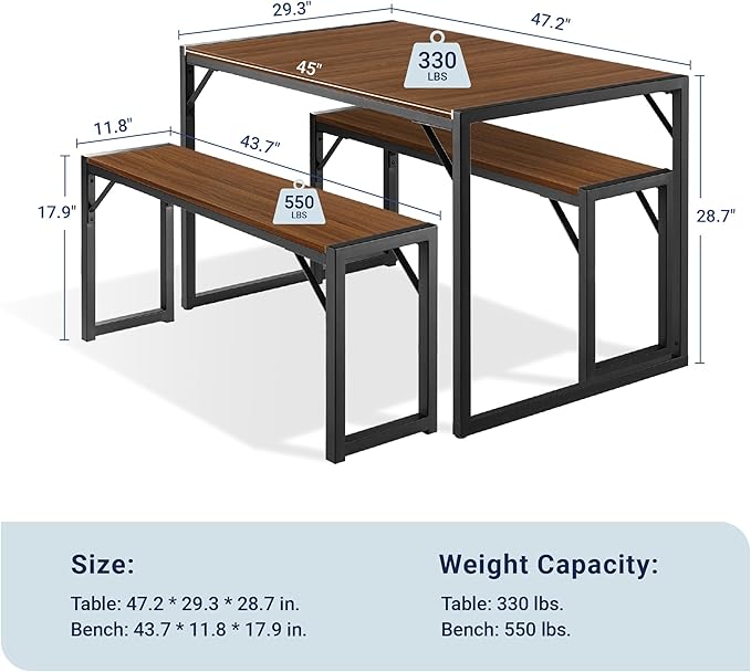 Allewie 3-Piece Kitchen Dining Table Sets with Benches, Sturdy Triangle Structure, Space-Saving, Multifunctional for Dining Room/Living Room/Studio, Dark Brown & Black - LeafyLoom