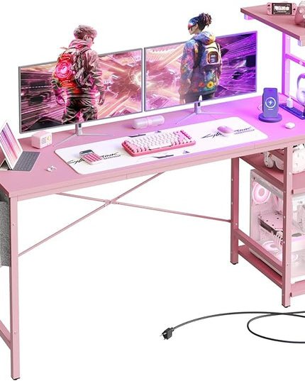 Bestier Gaming Desk with Power Outlets, 61 Inch Large Led Gamer Desk with 4 Tiers Reversible Shelves, PC Gaming Table with Headset Hook & Side Storage Bag for Bedroom (Pink 3D Carbon Fiber) - LeafyLoom