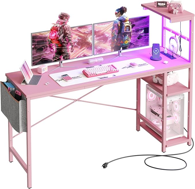 Bestier Gaming Desk with Power Outlets, 61 Inch Large Led Gamer Desk with 4 Tiers Reversible Shelves, PC Gaming Table with Headset Hook & Side Storage Bag for Bedroom (Pink 3D Carbon Fiber) - LeafyLoom